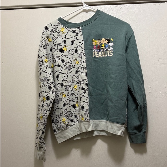 Peanuts Sweaters - Peanuts Split-Panel Snoopy Crewneck in Forest Green and Cream